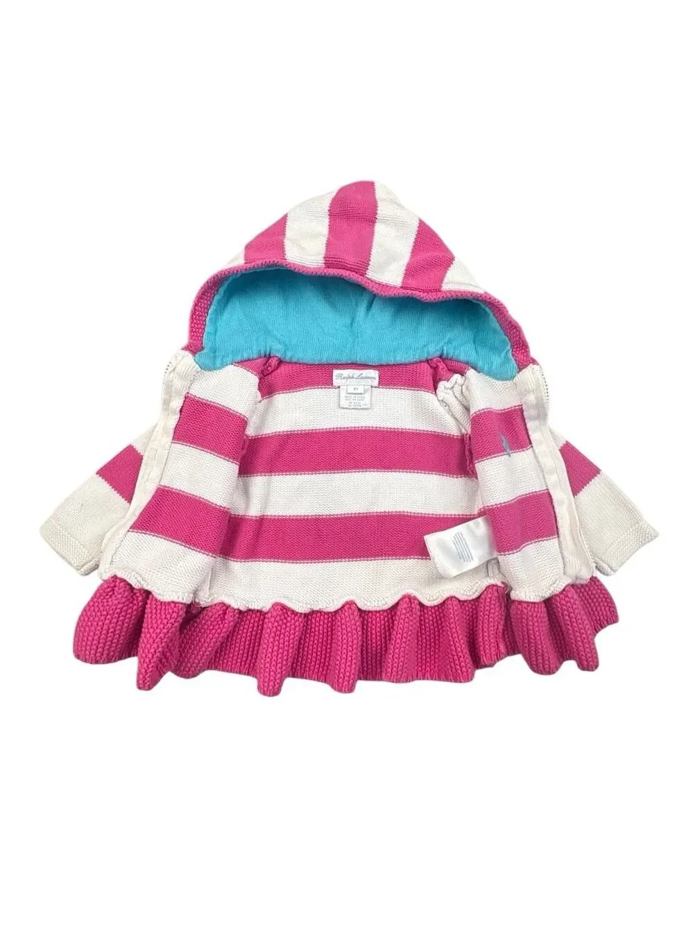Ralph Lauren Baby Girls 6M Pink White Striped Hooded Zip Sweater Ruffle Hem